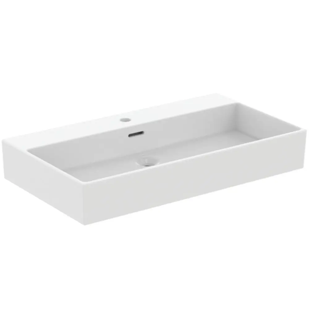 Waschtisch von Ideal Standard in seidenweißer Ausführung, rechteckig mit flachem Becken und Überlauf, geeignet für Wandmontage.